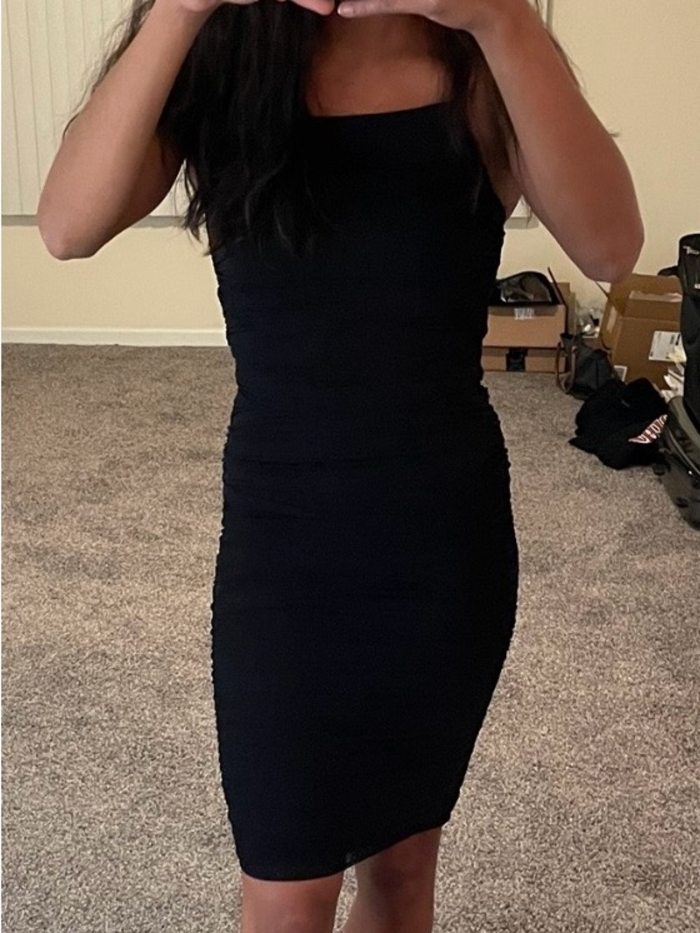 AKIRA Black Ruched Midi Dress with Spaghetti Straps